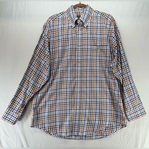 Orvis Plaid Button Down Long Sleeve Shirt Gingham Blue Tan Orange Mens Size L